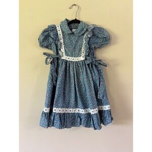 Jayne Copeland Vintage Blue Floral Cotton Prairie Dress Eyelet Lace Ruffle Sz 4T